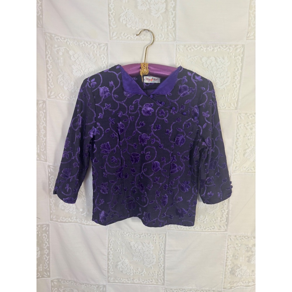 VTG Asian Inspired Purple Velvet Burnout Collared Whimsigoth Blouse Size M-L